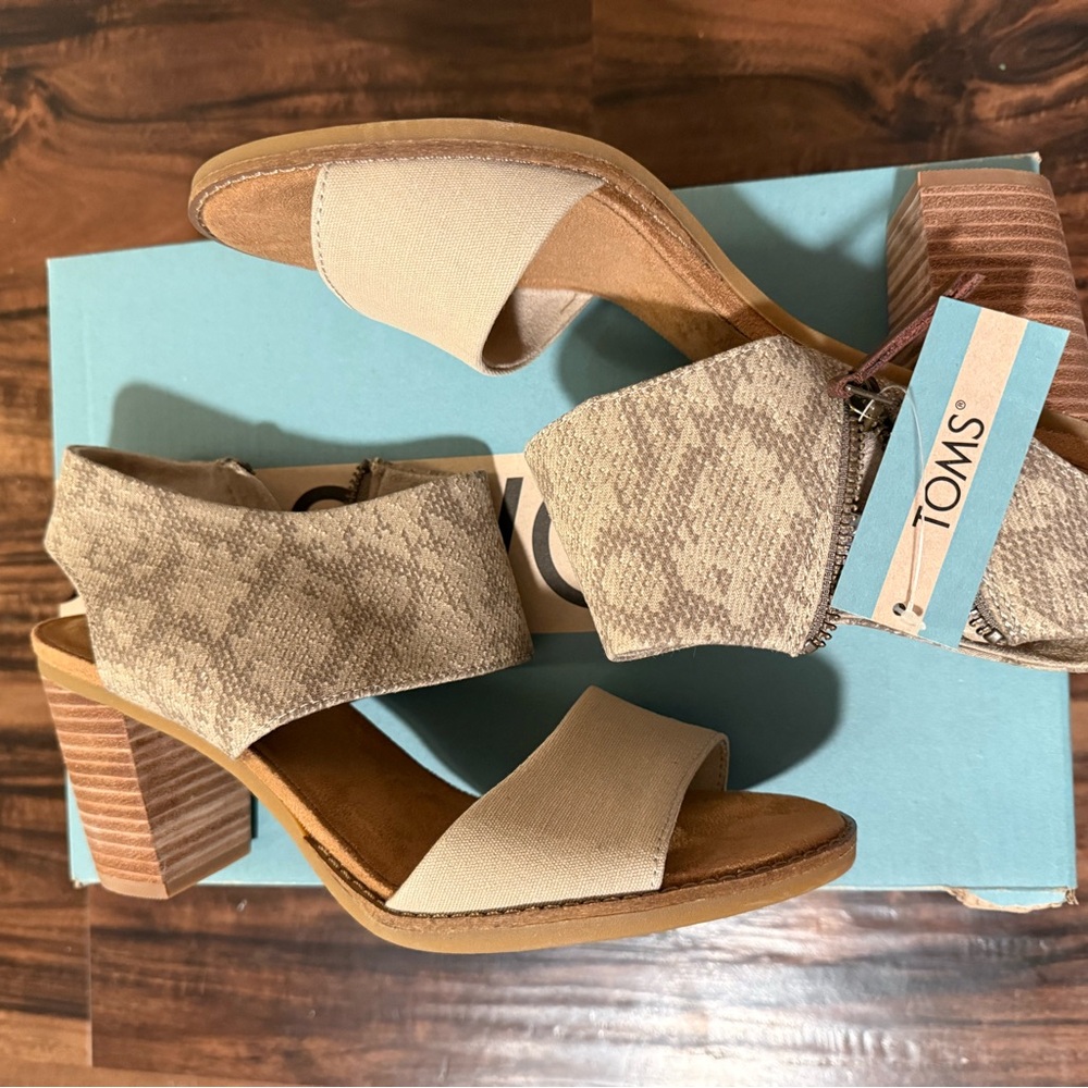 TOMS Women's Majorca Cutout Heels- Beige Snake-Print Block Heel Sandals - Picture 6 of 11